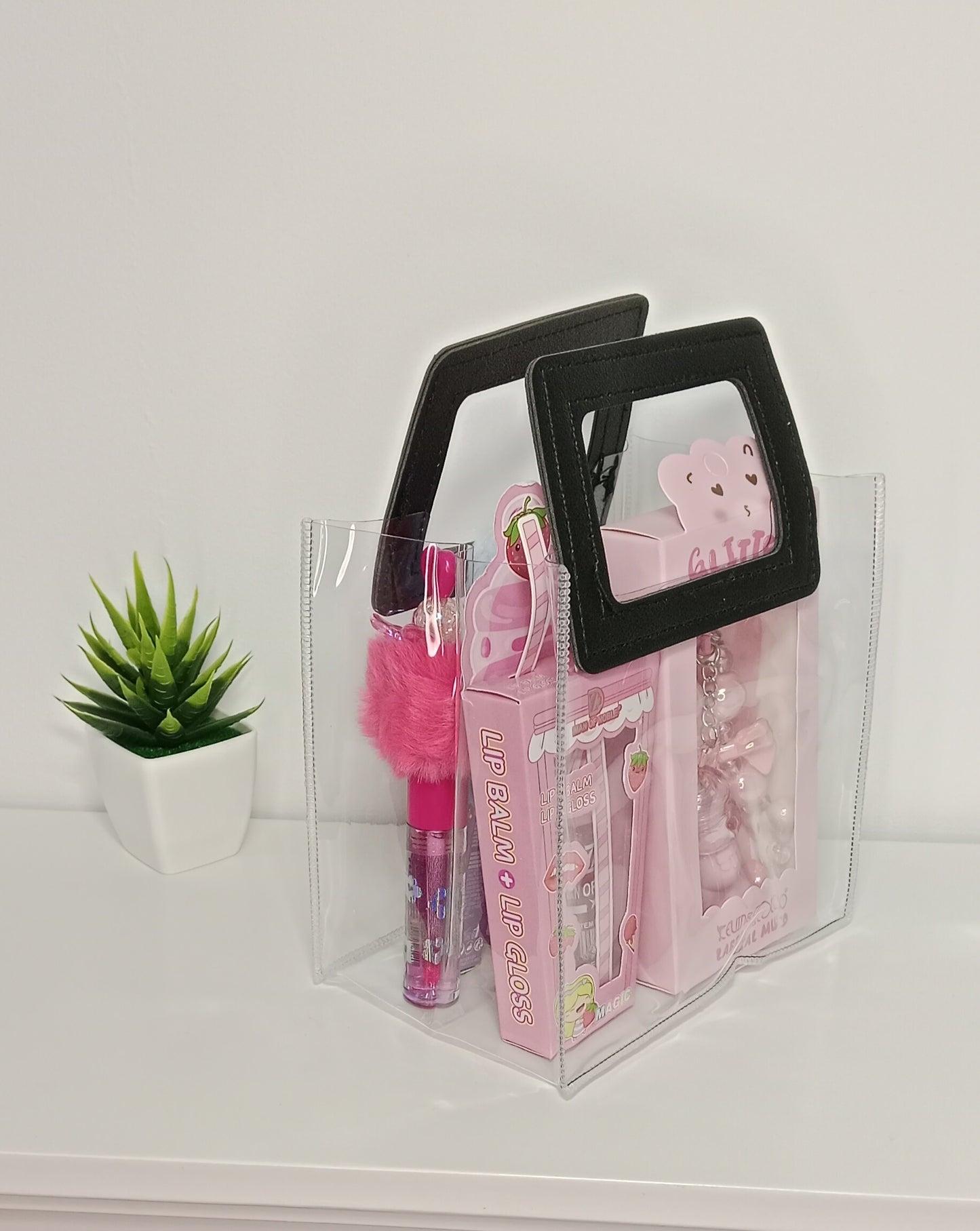 💄Neceser transparente con 6 productos – Brilla con estilo y diversión 🍓✨