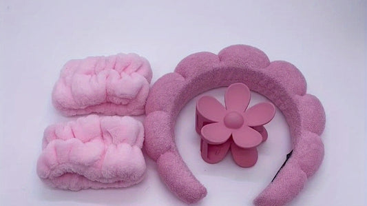 🌸 Set suave con flor — ¡Diadema, muñequeras y pinza en un solo pack! 🌈