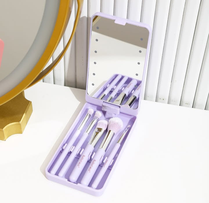 💜Set de brochas con estuche espejo con luz 💡+ cable de carga💜