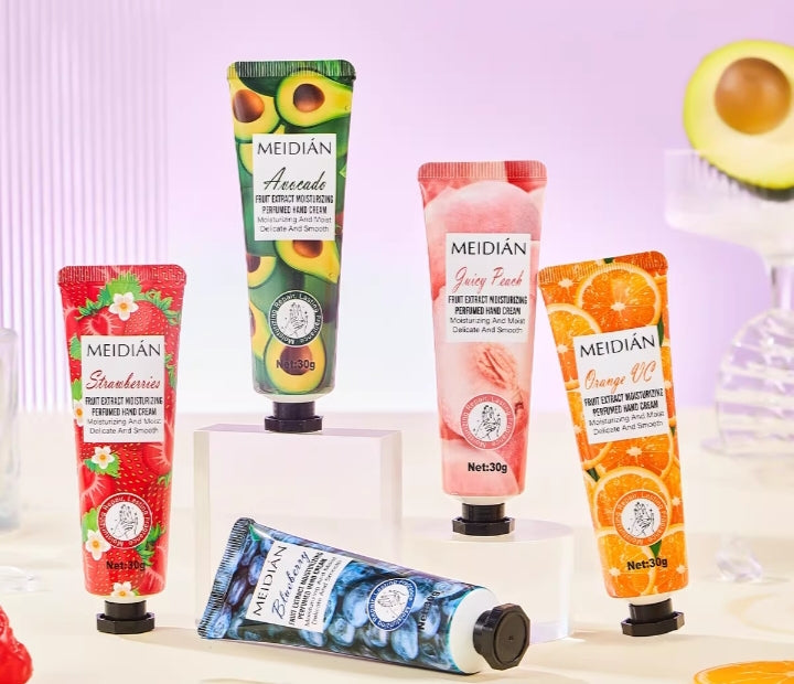 🧴✨ Crema de manos hidratante MEIDIAN con aromas frutales 🍓🥑🍊🍑