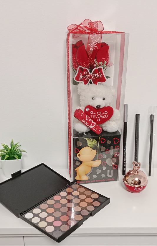 🎁✨ Set de maquillaje romántico con osito y rosa con luz 🌹🐻