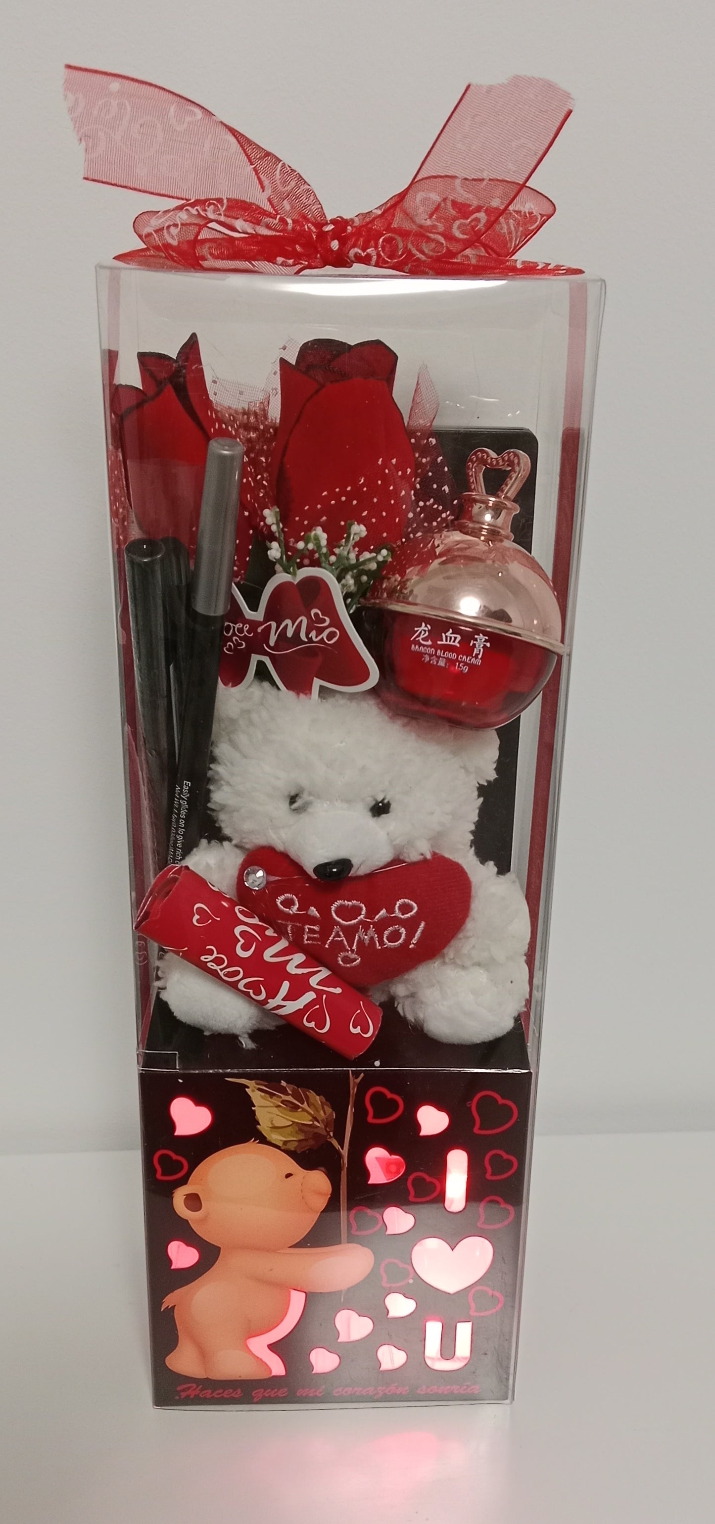 🎁✨ Set de maquillaje romántico con osito y rosa con luz 🌹🐻