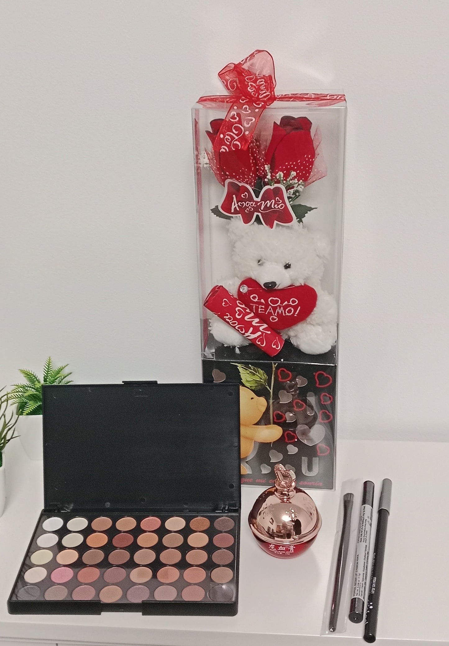🎁✨ Set de maquillaje romántico con osito y rosa con luz 🌹🐻
